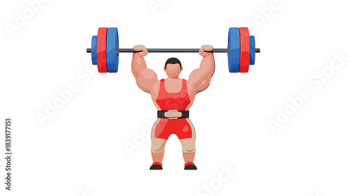 3d cartoon weightlifter lifting barbell in red and blue gear on white background
