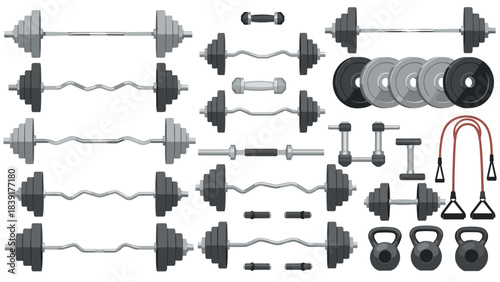Comprehensive fitness equipment collection with dumbbells, kettlebells, and resistance bands