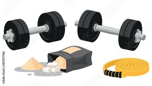 Fitness equipment: dumbbells, protein powder, and resistance band