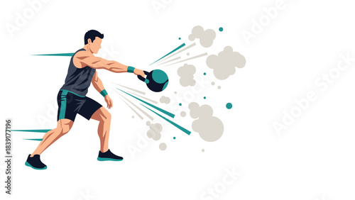Dynamic fitness training with kettlebell: flat style illustration of man exercising