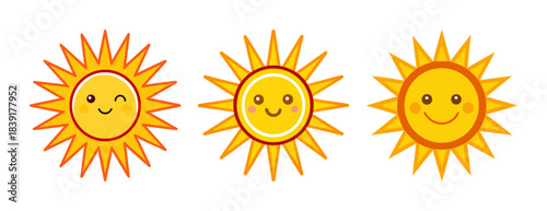 Happy cartoon suns set with various expressions and rays