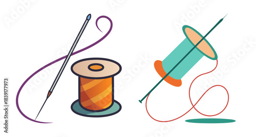 Sewing needles and colorful threads with spools for craft