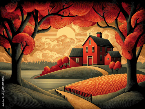 Woodcut farm animals print
