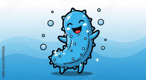 Cheerful cartoon microbe character with arms outstretched and a happy expression.