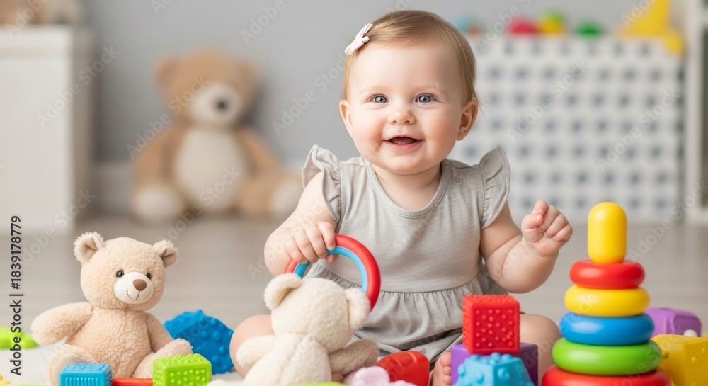 Obraz premium Smiling baby girl with toy ring and soft toys in a nursery, happy child playing. Adorable toddler in dress with bow, enjoying play at home.
