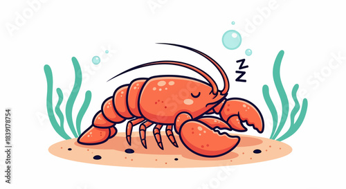 Cute cartoon lobster sleeping peacefully on the sandy ocean floor.