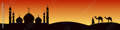 Horizontal vector Ramadan banner with silhouettes of mosque and camels against sunset background and empty space for text.
