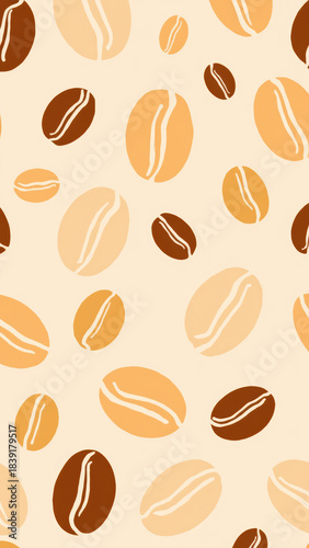 Coffee beans pattern design, featuring various shades of brown and beige on light background, creating warm and inviting atmosphere