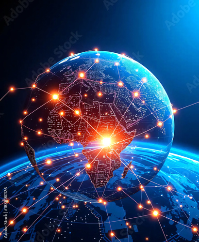 Global network connection background, glowing world map lines, data transfer, fiber optics, technology communication concept.