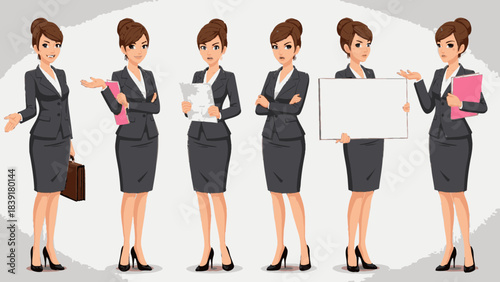 Versatile Businesswoman Character Poses Vector Collection Demonstrating Professionalism and Corporate Communication Skills in Various Office Settings