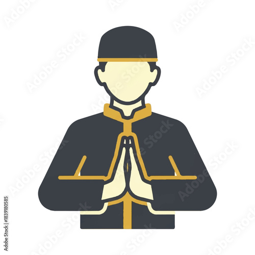 Illustration of a man wearing traditional clothing and a cap, with hands pressed together in a gesture of greeting or prayer