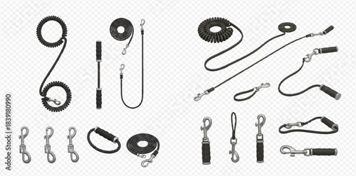 Set of black dog leashes, collars, and carabiners for pet walking and training. Various sizes and styles of pet accessories.