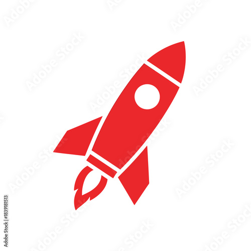 Solid red flat icon of a soaring space rocket launch with exhaust flames