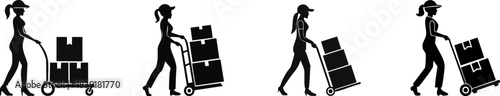 Four silhouettes of a woman moving boxes using a hand truck, illustrating a process of loading and transporting goods.