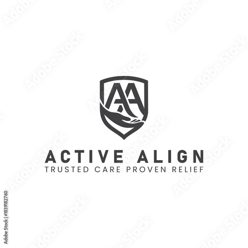 The modern chiropractic shield logo features intertwined "AA" initials, symbolizing alignment. A caring hand supports the initials, which are enclosed within a black outline of a shield.