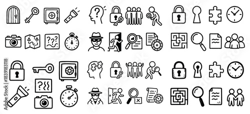 Icon set: security, puzzle, and surveillance themes