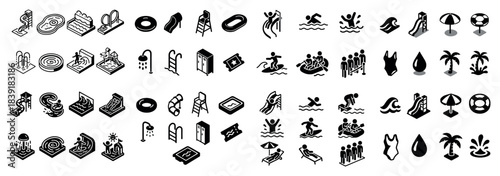 Isometric pool and beach icon set collection