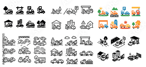 Car icons collection: parking, accidents, repair