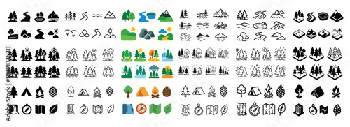 Collection of nature and camping icons in various styles