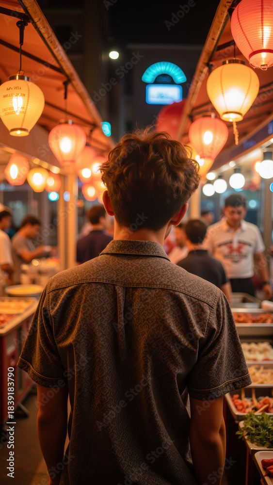 Fototapeta premium Exploring vibrant market atmosphere with glowing lanterns and bustling crowds creates lively scene