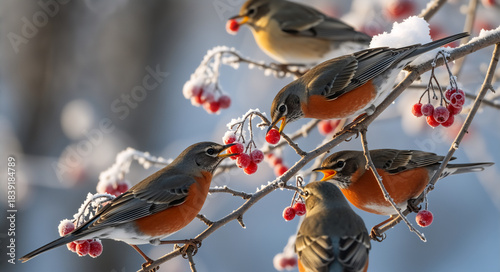 A flock of American robins feeding on red berries in winter. Birds perched on a snow-covered branch on a cold frosty day. Wildlife survival in nature
