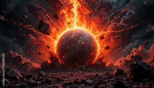 Apocalyptic Planetary Explosion Digital Art in Fiery Orange and Dark Black Depicting Global Catastrophe and Destruction