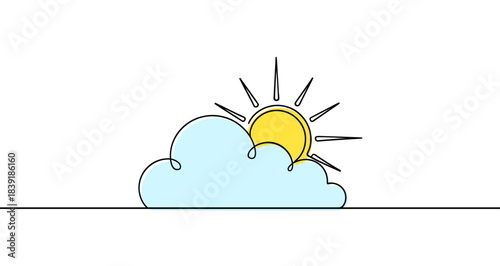 Sun behind a cloud drawn with one continuous line. Colored illustration with black outline, isolated on white background. Vector illustration.