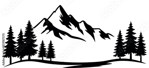 Black Silhouette Mountains and Fir Trees Camping Adventure Panorama Vector