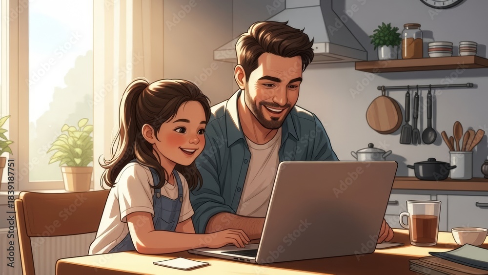 © Gofox - A smiling father with a daughter in casual attire using laptop in kitchen interior. Family connection and parenting in home setting.