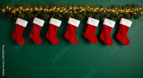 Row of red Christmas stockings on a festive garland with lights. Traditional holiday background for a New Year banner. Copy space for text