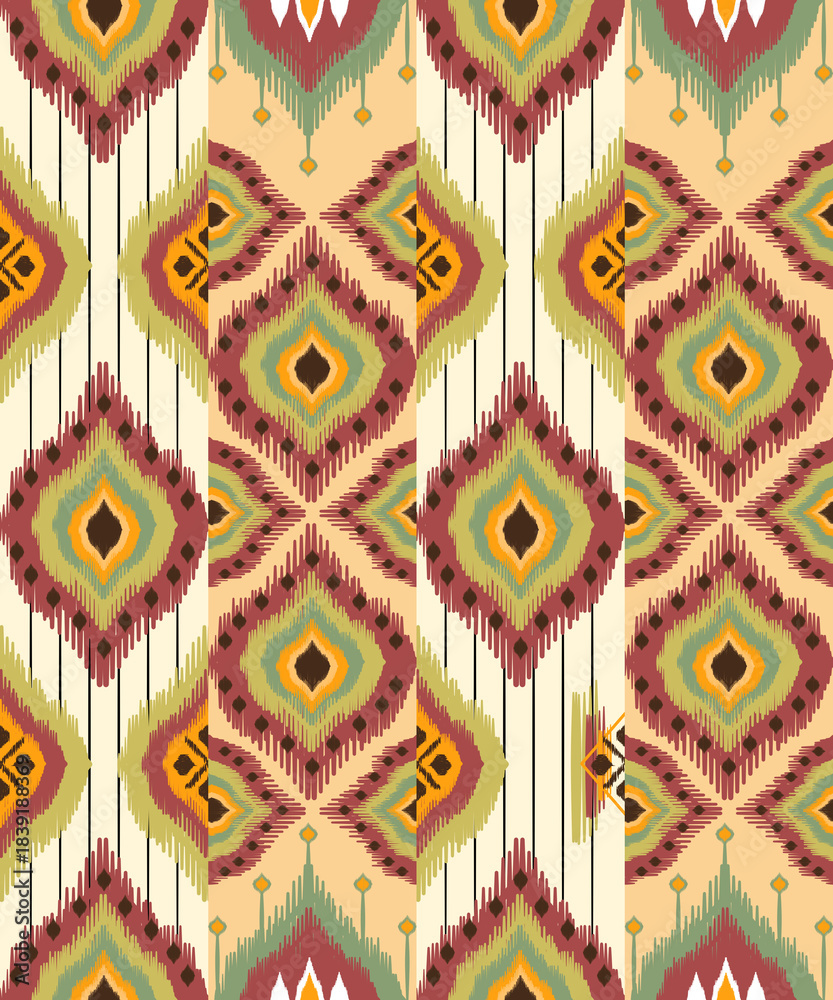 Fototapeta premium Patterns ethnic oriental iKat pattern traditional design for background backdrop carpet wallpaper clothing batik fabric tribal textile vector illustration ikat print embroidery style for decorations.