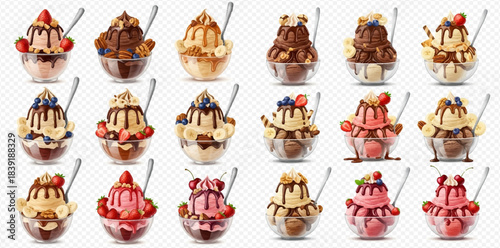 Delicious Assortment of Ice Cream Sundaes with Various Toppings and Flavors in Glass Bowls.