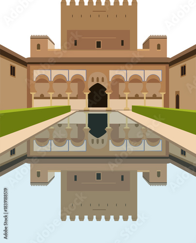 Vector illustration of the Alhambra palace courtyard with arches and a reflecting pool