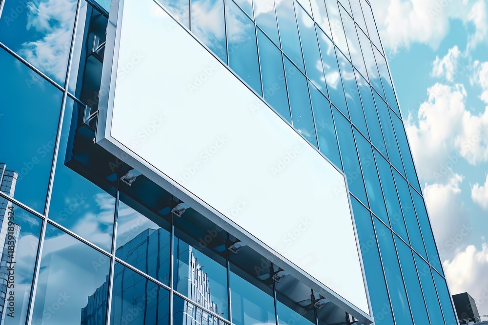 Obraz premium Large blank white billboard mockup on modern glass building exterior