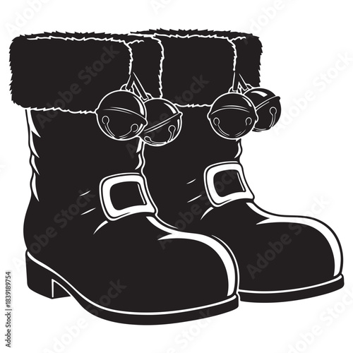 Black boots with jingle bells on white background monochrome