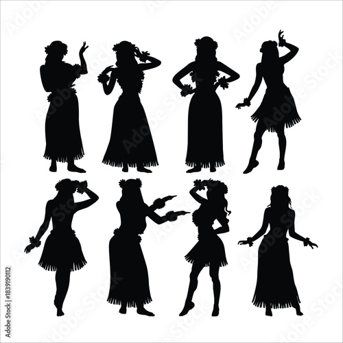 Hula dancers silhouettes performing traditional island graceful movements