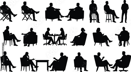 Black Silhouette Group of People Sitting in Various Postures on Chairs and Furniture Isolated on White Background for Business Team Meetings, Interviews, 
