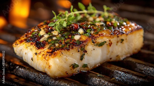 Fototapeta Naklejka Na Ścianę i Meble -  A beautifully grilled piece of fish, garnished with herbs and spices, showcasing a delicious golden-brown crust on a charcoal grill.