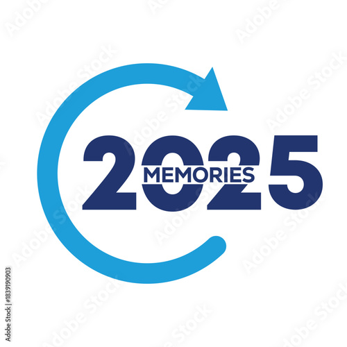 Playful “Memories 2025” logo with bold blue lettering, sparkling decorative stars and a dynamic circular arrow, ideal for new year events, photo albums, scrapbooks, celebration branding and marketing.