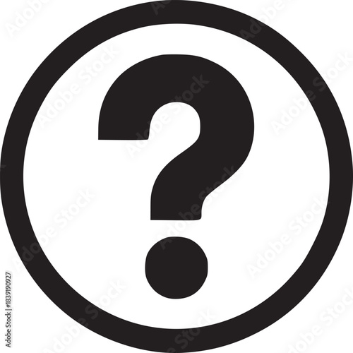 A black question mark inside a gray outlined circle on a white background simple graphic design