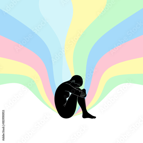 Abstract silhouette of a seated human figure surrounded by colorful light waves representing mental health, emotional struggle and inner healing journey, modern conceptual illustration