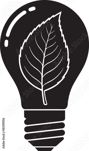 lack and white graphic of a light bulb containing a leaf symbol vector.