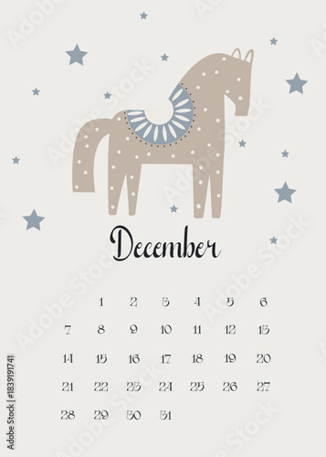 The month of December Calendar of the month of NDecember 2025 Horse and stars on the background Vector illustration	