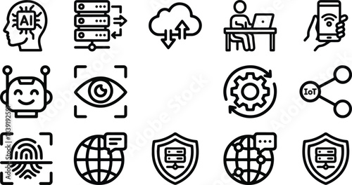 Set of 15 Outline Icons for Artificial Intelligence, Cloud Computing, Data Security, IoT, and Technology, Black Line Art Vector Illustration