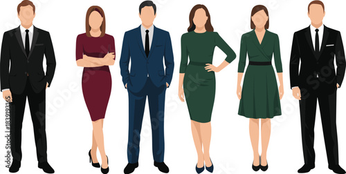 Cartoon business team illustration with diverse formal outfits in suits and dresses for corporate, professional, and workplace themes.