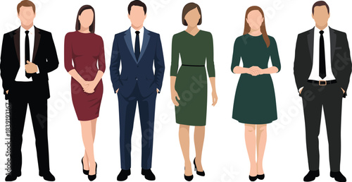 Cartoon business team illustration with diverse men and women in formal attire for corporate, professional, and workplace themes.