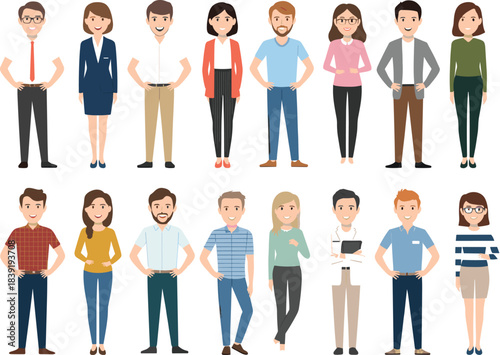 Cartoon diverse character set with varied outfits, hairstyles, and postures for educational, game, and storytelling themes.