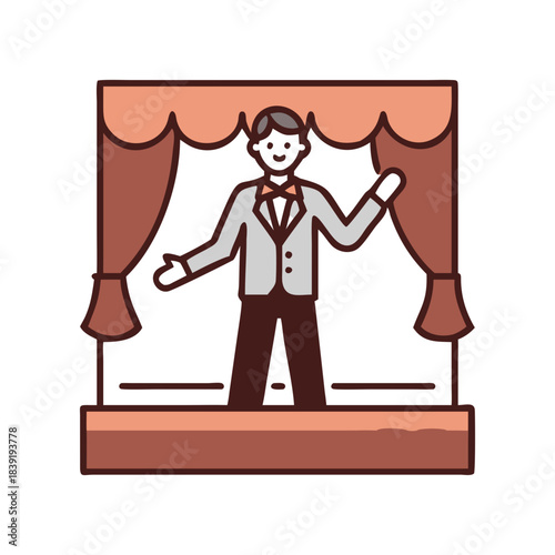 Male presenter on stage with open curtains, performing at an entertainment event