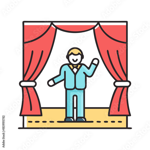 Stage performer presenting icon, an illustrated character waving on a red curtain stage