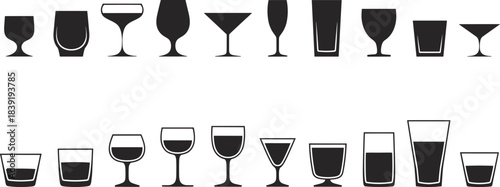 Cartoon drinkware silhouette set with empty and filled glasses for barware, beverage, hospitality, and lifestyle themes.